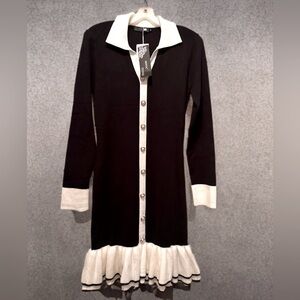 NEW Woman’s Elegant Long Sleeved Dress Skirted Bottom Black/ White Size M